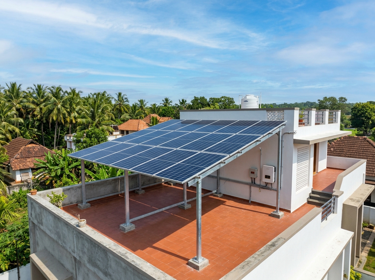 Elevated residential rooftop solar installation on terrace